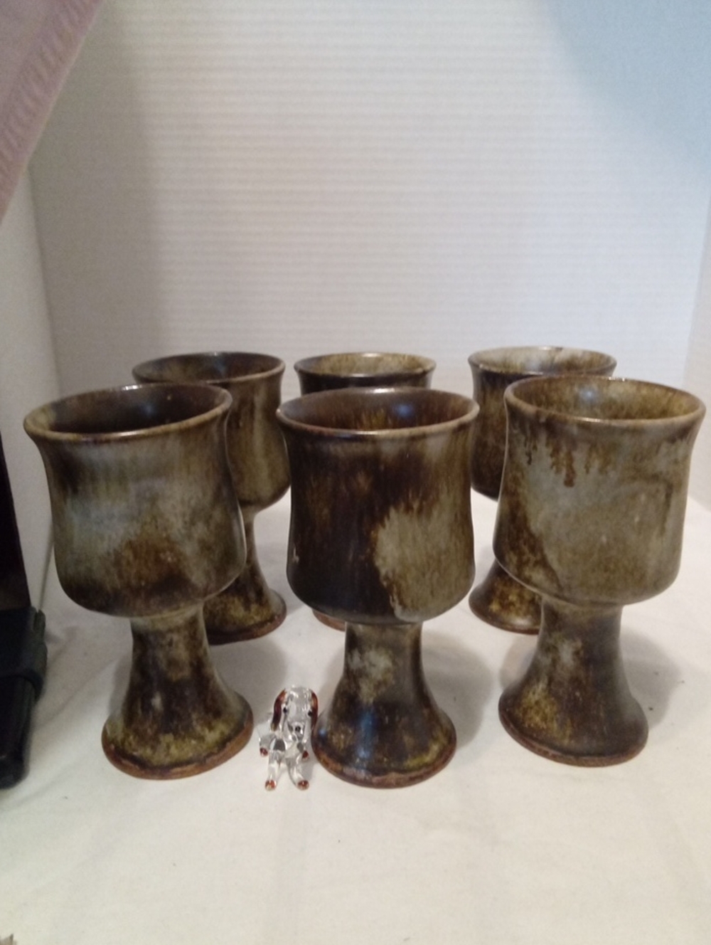 Vintage Set of 6 Stoneware Glazed Goblets - Earthy Brown and Olive Tones
